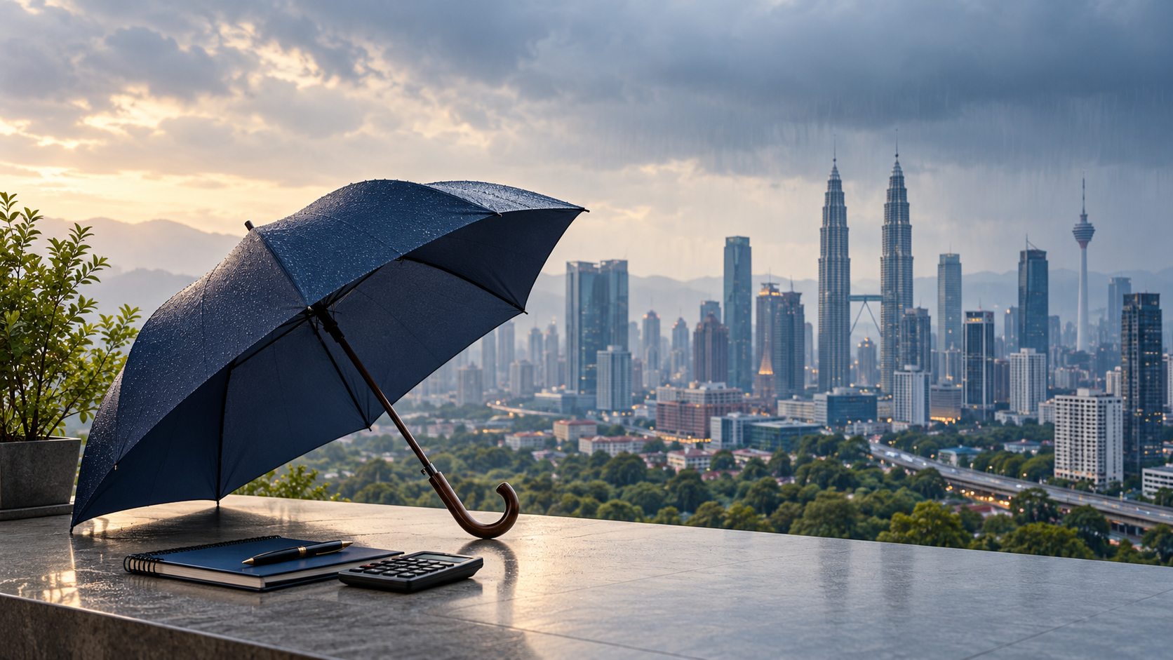 Payung biru dibuka sebelum hujan dengan latar bandar Kuala Lumpur